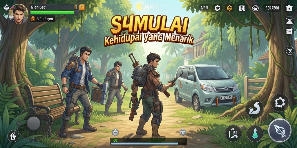 Screenshot gameplay 34R menunjukkan karakter yang berinteraksi dalam simulasi kehidupan.