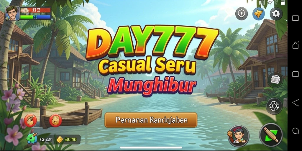 Tampilan gameplay DAY777 dengan karakter lucu dan level menantang.