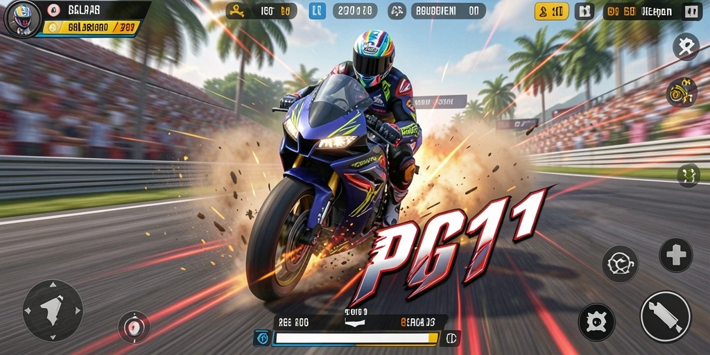 Tampilan gameplay PG11 saat balapan motor di trek yang menantang.