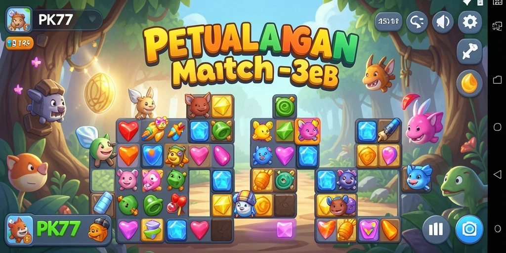 Tampilan seru dari gameplay PK77 dalam match-3 yang penuh warna.