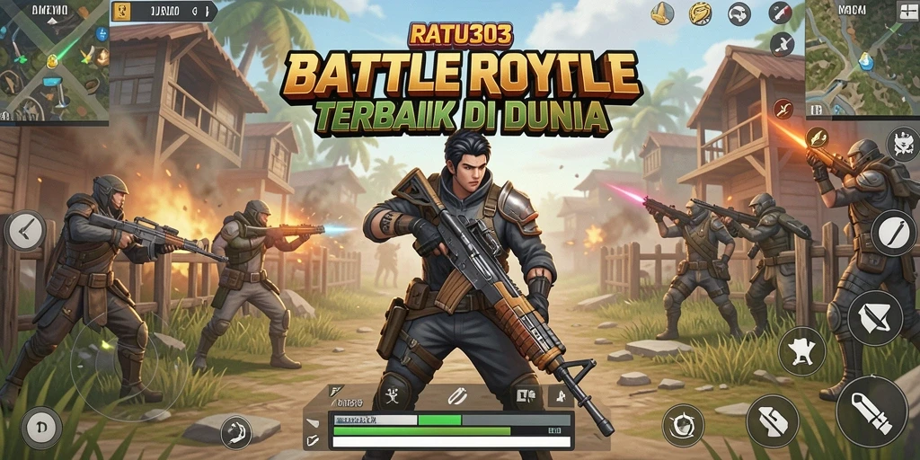 Tampilan gameplay mendebarkan dari RATU303 yang menunjukkan aksi pertempuran Battle Royale.